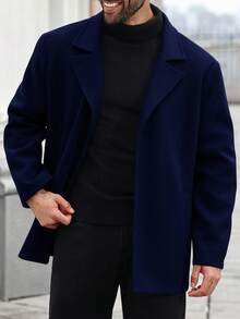 Manfinity Mode 加大码男士长袖纯色单排扣外套，适合秋季通勤 - 藏蓝色 - 查看 5