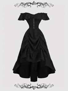 SHEIN MOD 女士黑色复古露肩长裙，西部风女装，乡村风服装，哥特风服装，波西米亚风连衣裙，仙女风，邮轮风女装，复古女装，束身连衣裙 - 黑色 - 查看 1