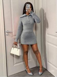 BamGleam Women's Two-Piece Sweater Set,Gray Knit Long-Sleeved Collared Half-Zip Sweater & Pencil Skirt,Elegant Slim Fit Casual Everyday Autumn Outfit - Grey - View 7