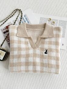 SHEIN Genkimix Kids 少女粉色V领长袖毛衣，优雅刺绣图案，舒适百搭的格子学院风女童夏季毛衣 - 卡其色 - 查看 5