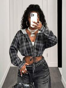 BamGleam Women's Vintage Casual Plaid Patchwork Drawstring Waist Lightweight Hooded Short Jacket, Winter New Style