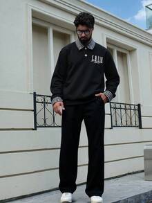 DAZY Men's Black Patchwork Collar & Cuff Letter Embroidery Pullover Pullover Sweatshirt Set, Autumn - Black - View 5