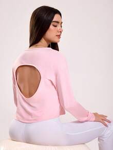 Sovereign Charm Camiseta Esportiva de Manga Longa com Costas Vazadas em Cor Sólida Casual - Rosa Bebê - Visão 3