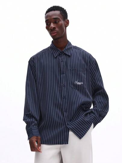  SUMWON Men's Navy Pinstripe Button Down Long Sleeve Dress Shirt With Chest Pocket Classic Collar Office Business Professional Plain