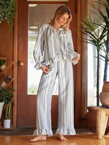 Lullawish Bộ đồ mặc nhà dài tay dáng rộng bằng vải cotton in họa tiết sọc phong cách Bohemian, thích hợp cho kỳ nghỉ hè, thích hợp mặc ngoài trời và mùa đông. - Xanh và trắng - Xem 1