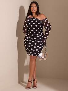 SHEIN BAE Plus Size Ruched Polka Dot Asymmetric Shoulder Long Sleeve Bodycon Dress,Winter Outfit For Women,Dress  For Ladies Summer,New Year's Eve Dress,Elegant Dresses For Party,Casual Dresses For Women,Women's Social Dress,Formal Dress,Plus Size,Litz And Glamour Outfit For Women,Wedding Guest Dress Women,Cocktail Dress,Dresses For Ladies Summer,Birthday Party Dress,Black  Dress - Black - View 2