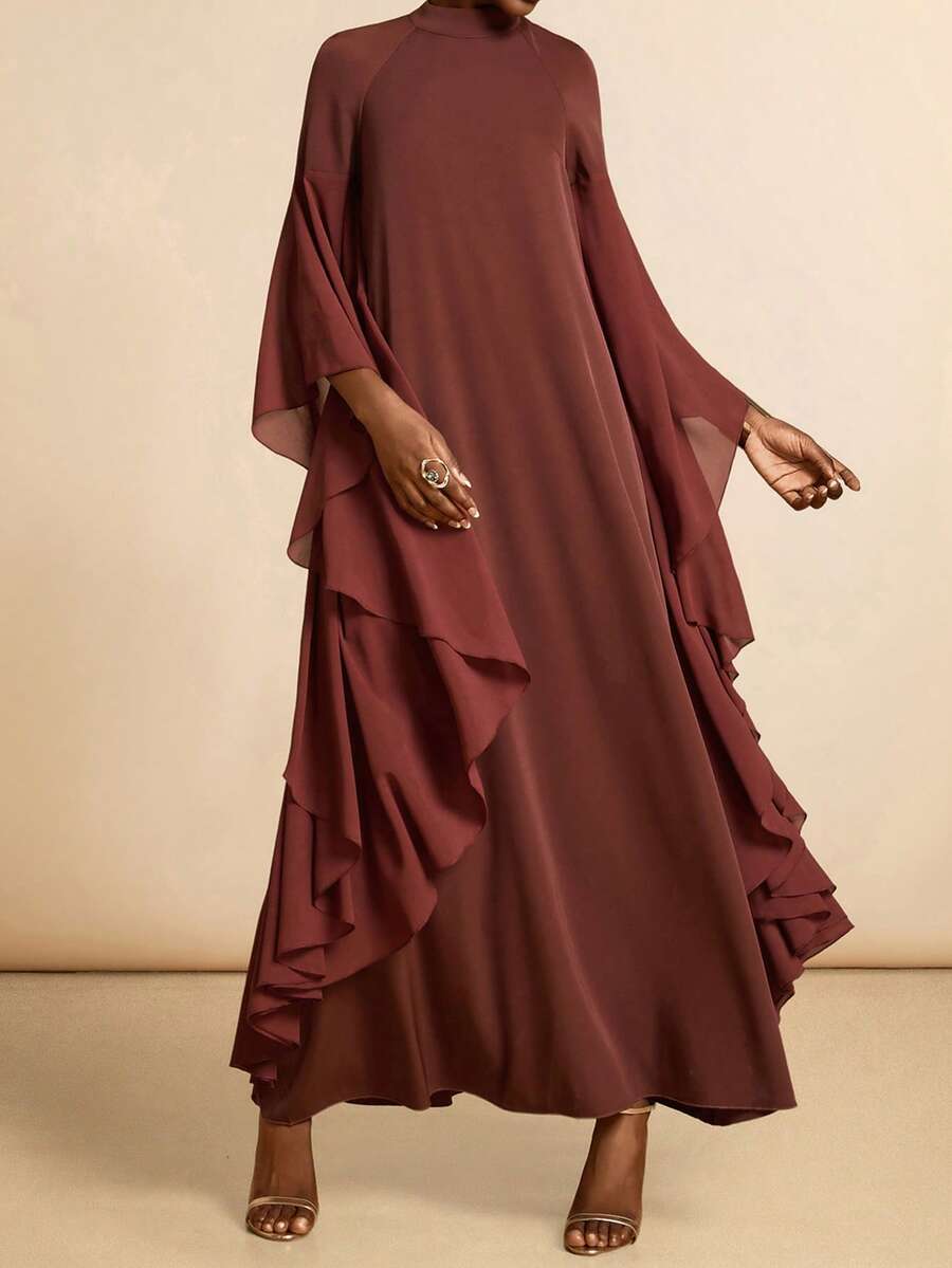 SHEIN Veneréa 酒红色翻领荷叶边袖宽松睡袍 - 鏽棕色 - 查看 1