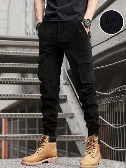 Manfinity Homme Men's Casual Corduroy Cargo Pants, Suitable For Daily Casual Wear, Weekend Outings, Outdoor Activities, Travel, Social Gatherings, And More. This Versatile Pant Is An Essential Item In Every Man's Wardrobe, Making It A Great Gift For Boyfriends Or Husbands. Black Cargo Jeans Cargo Joggers Men Black Cargos For Men Mens Black Cargo Pants