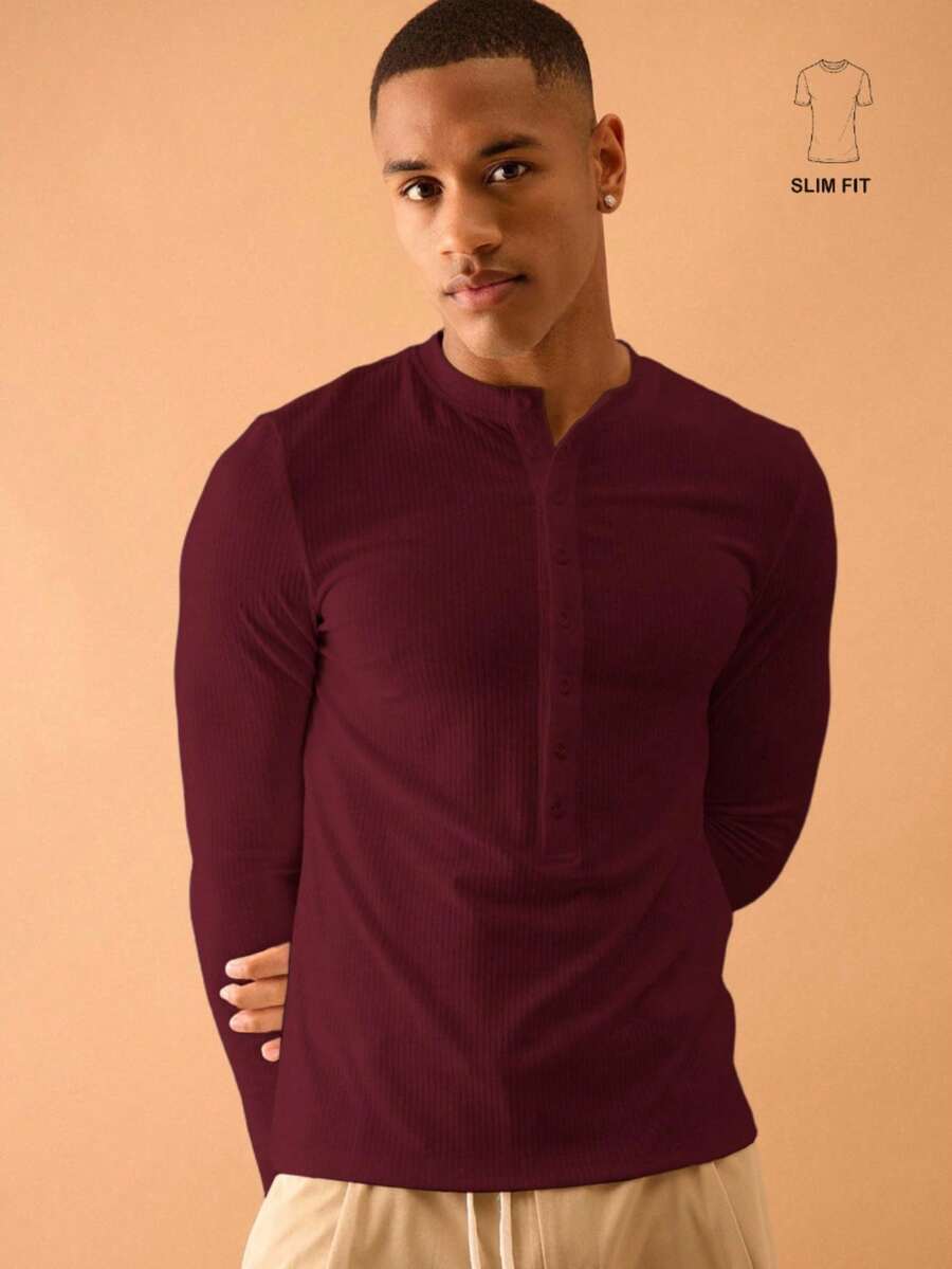 Musero Button Placket Long Sleeve Rib Top Summer Streetstyle Vacation Casual Spring&Summer - Burgundy - View 1