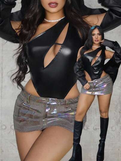 Jeanoix Dam Y2K Casual Fashionable Street Sexig Hologram Metallic Raw Edge Mini Denim Kjol