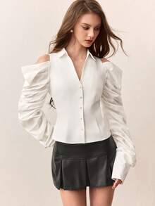 SHEIN Unity Blusa de manga larga elegante con cuello ajustado, diseño de parches de unicolor, mangas con volantes multicapa exageradas y hombros descubiertos de moda y versátil - Blanco - Ver 5