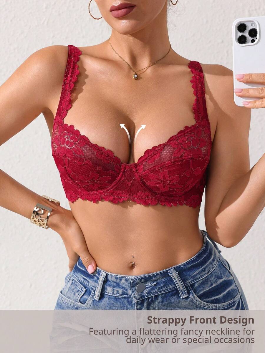 DesireSculpt 1件浪漫法式花卉蕾丝钢圈加厚可调节肩带文胸（女士款） - 紅色 - 查看 1