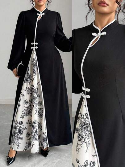 Elenzga Plus Size Chinese Style New Chinese Cheongsam Dress, Autumn/Winter, Frog Button, Chinese Knot, Ink Painting Print