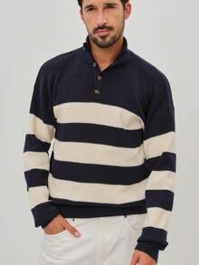 Manfinity CityGents 1/4 Button Placket Knit Sweater, Striped Turtleneck Sweater, Fashionable Men's Tops For Autumn/Winter, Great Gift For Boyfriend Cashmere Men S Clothing Winter Men Buttoned Knitted Polo