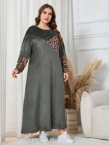 Lacomfia Vestido casual de mujer talla grande reversible de franela con estampado de leopardo y patchwork - Gris - Ver 4