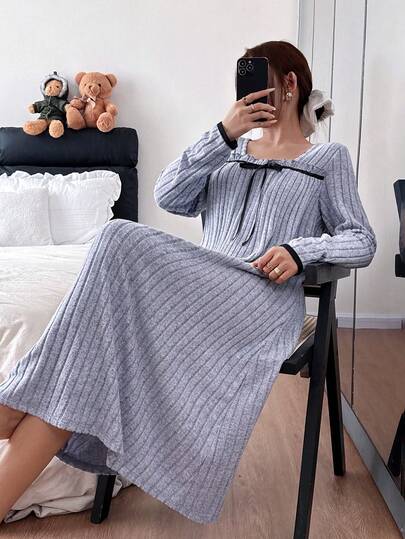 SHEIN 简约纯色方领休闲毛绒睡袍（女士款）