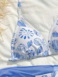 SHEIN Bộ đồ bơi bikini họa tiết hoa thời trang và dễ thương dành cho nữ trẻ, đi biển, đi hồ bơi, đi tiệc thường ngày, đi ngày lễ, đi xuân/hè - Màu xanh lam - Xem 3