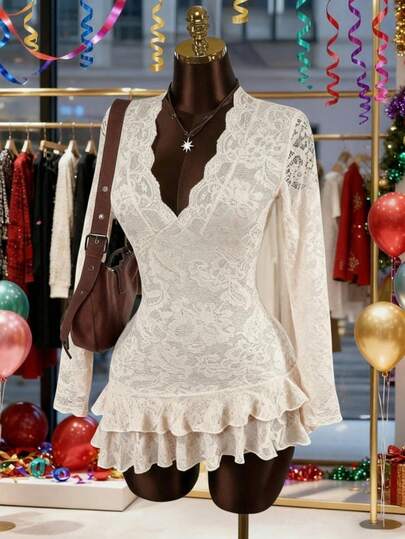 Franclia Zielony-D Women's Elegant,Sexy And Cute V-Neck Long Sleeve Lace Summer Hippie Sheer Low-Cut Mini Dress,Fall/Winter Fashionable New Style Boho Clothes Women For Christmas,Halloween And Homecoming Party,Sweet And Spicy Fashion Millennium Street Style Outfitswinter Dress Women New Year Dress Party Dress Elegant Dresses For Party Graduation Guest Dress Elegant Dresses For Women Luxury Evening Dresses For Women Christmas New Year Women Thanksgiving Outfit For Women Party Beach Graduation Elegant Luxury Chic Stylish Clothing Collectiongraduation Season Attire, Fashionable Casual Commuter Wear, Business Office Wear, Versatile And Stylish Everyday Casual Wear, Urban Teacher's Professional Attire