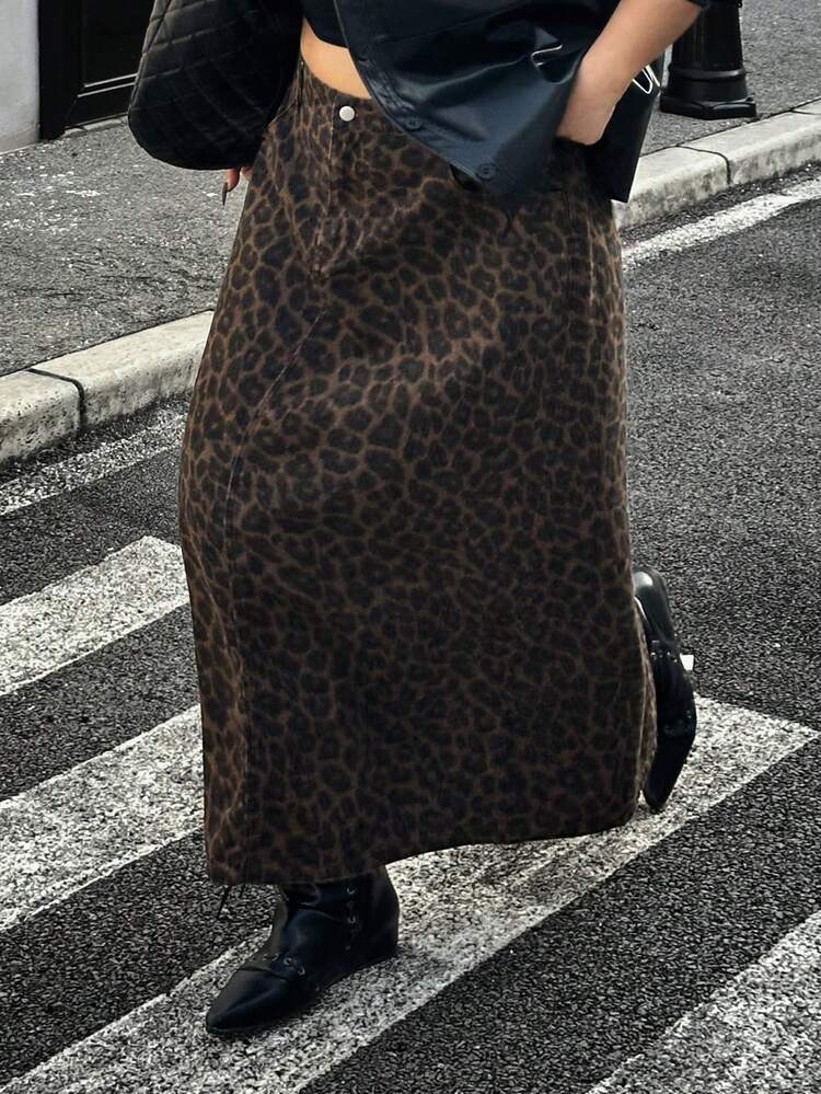 Dazy Plus Plus Size Leopard Print Denim Straight Long Skirt, Street Style, Spring/Autumn