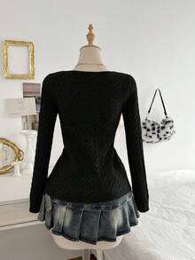 Elamini 复古休闲女式圆领开衫 - 黑色 - 查看 2