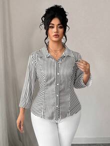 Elenzga 大码女式优雅腰部收紧长袖条纹衬衫，适合通勤 - 黑與白 - 查看 6