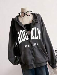 1 pieza Chaqueta con cremallera y bolsillo con estampado de letra minimalista y casual para adolescentes. Estilo de ropa urbana sencilla, esencial para otoño/invierno - Gris Oscuro - Ver 4