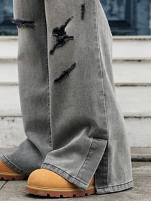 GALLERY FADE Men's Casual Distressed Pocket Flared Jeans - Grey - View 7