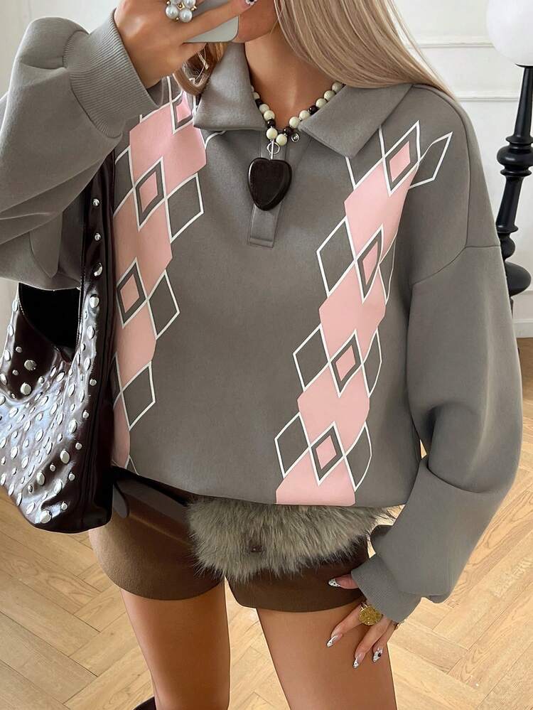 Women's Turndown Collar Plaid Print Fleece Pullover Casual Sweatshirt