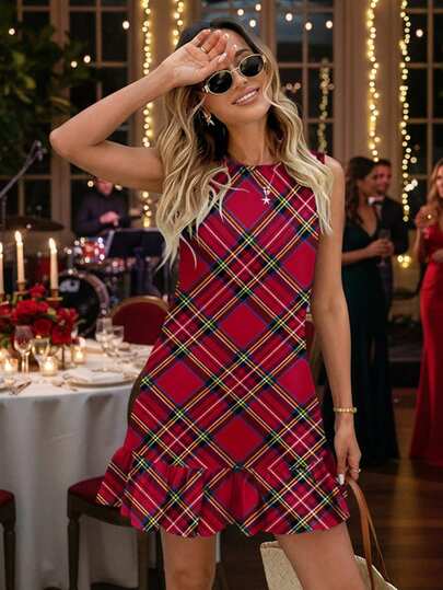 SHEIN LUNE Casual Minimalist Style Red Contrast Plaid All-Over Print Women's Mini Dress, Suitable For Party, Retro Style, Versatile, Preppy, Back To School