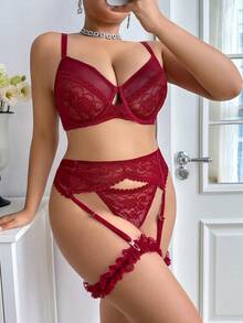SHEIN Bộ Đồ Lót Ren Gợi Cảm Plus Size 5 Cái/Bộ (Có Nội Y, Thông, Sọc, 1 Cặp Nhẫn Chân) - Màu Đỏ Sâu - Xem 3