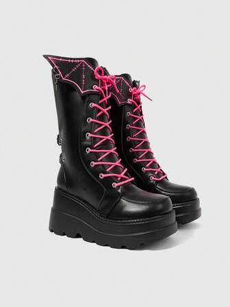 Women's Bat Wing Contrast Color Platform Mid-Calf Boots, Daily Wear, Punk, Goth, Campus