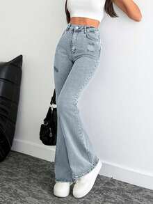 EURMUSE WOMEN HIGH WAIST SKINNY FLARE ELASTIC FABRIC STRETCH GREY WASH - Baby Blue - View 4