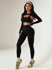 Dewbera Bộ đồ thể thao hai dây trơn màu + Áo dài tay hở lưng + Quần bó cạp cao cho nữ - màu đen - Xem 7