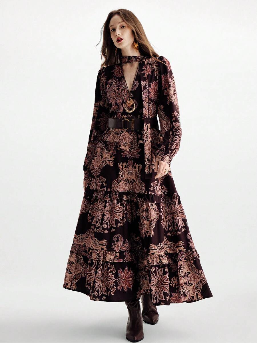 Aveloria Modichic 复古荷叶边领口系带印花层叠荷叶边下摆弹力腰身长袖连衣裙，复古英伦风 - 彩色 - 查看 1