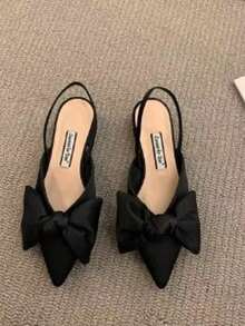 Sandalias femeninas delicadas de estilo francés con adorno de lazo. Sandalias elegantes de tacón alto con punta afilada para llevar al aire libre. Sandalias para mujer | Zapatos planos de tacón alto para mujer. - Negro - Ver 3