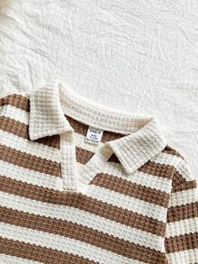 Vintaside Kids 2pcs Baby Girls Casual Striped Polo Collar Long Sleeve Top And Pants Set, Suitable For Spring, Summer, Autumn, Indoor And Outdoor, Daily Wear - Multicolor - View 5