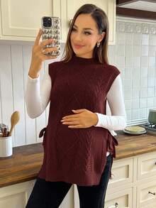 SHEIN 女士宽松高领侧开衩系带休闲孕妇毛衣背心，秋冬季 - 酒紅色 - 查看 6