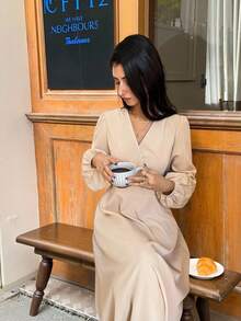 Serisse Elegant Beige Autumn Women's Lantern Sleeve Long Maxi Dress,Brunch Wedding Guest Outfits,French Modest Pleated Puffy Dress,Business Casual Office Wear - Apricot - View 1