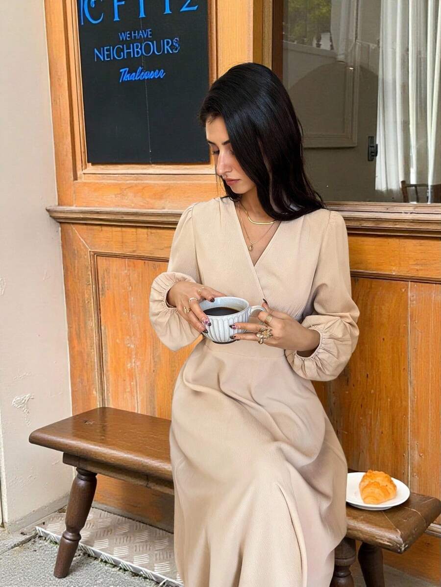 Serisse Elegant Beige Autumn Women's Lantern Sleeve Long Maxi Dress,Brunch Wedding Guest Outfits,French Modest Pleated Puffy Dress,Business Casual Office Wear - Apricot - View 1