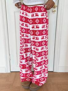 SHEIN EZwear Quần nữ sọc đỏ trắng họa tiết hoa và hươu Giáng sinh - Đỏ và trắng - Xem 5