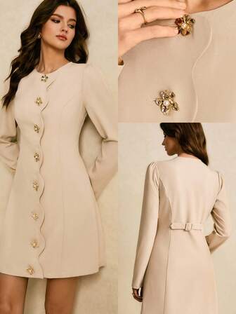 Poéselle 女士金属花单排扣圆领泡泡袖优雅短款连衣裙