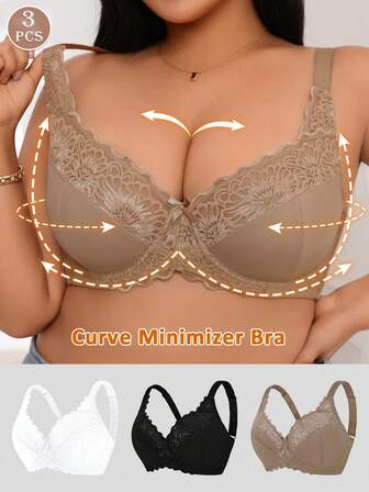 Snug Zone 3PCS Women's Sexy Plus Size Ultra Thin Bow Tie Sheer Lace Embroidered Patchwork Hight Support Underwire Bra
