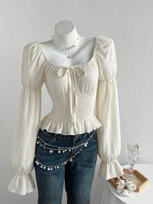 Camiseta de manga larga ajustada de mujer de cuello cuadrado retro francés con mangas abullonadas, nueva en color blanco, para otoño/invierno - Albaricoque - Ver 6