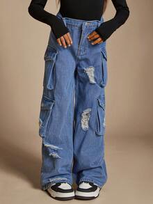 Radiana Jeans rectos con bolsillo con solapa y rotos en el lado, de estilo cargo, para niñas preadolescentes de moda Y2K. Ropa de otoño para niñas, conjuntos de ropa de calle para vuelta al cole - Azul lavado medio - Ver 5