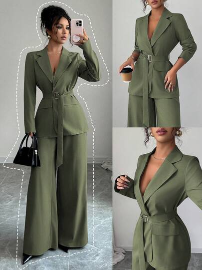 Elenzga 2025 Spring/Autumn New Fashion Elegant Casual/Office Commute Metal Buckle Waist Long Sleeve Jacket + Straight Loose Wide Leg Pants Suit Set