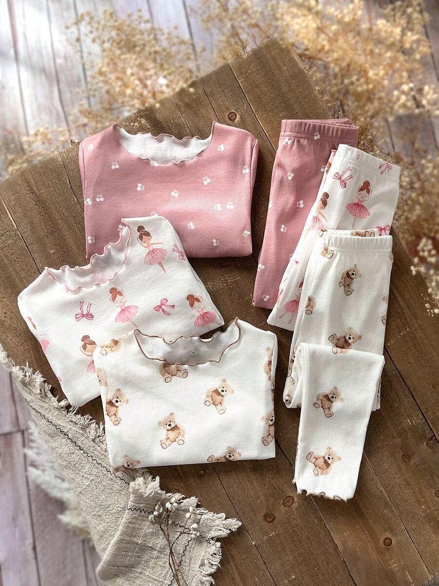Emery Rose Kids Emery Rose Kids 6pcs/Set Young Girl Floral & Bear Print Knit Casual T-Shirt And Pants Loungewear Set Cute Pj Sets Axolotl Pajamas Girls Pj Sets Teddy Bear Pajama Set Girl Pajama Sets - Multicolor - View 1