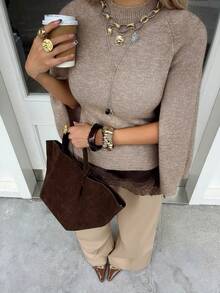 DAZY 女士宽松斗篷式圆领毛衣，休闲都市风 - 卡其色 - 查看 4