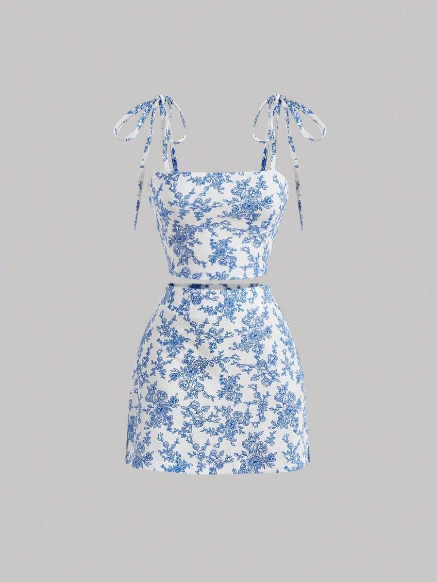 SHEIN MOD Spring Break Allover White And Blue Floral Print Tie Shoulder Cami Top & Skirt - Blue and White - View 1