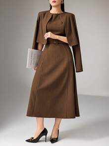 Heiryn 女士纯色简约长袖外套连衣裙两件套，日常穿着 - 棕色 - 查看 5