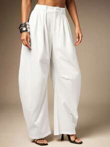 Hauture Pantalones anchos plisados de color carbón sólido, estilo básico y casual de verano - Blanco - Ver 4